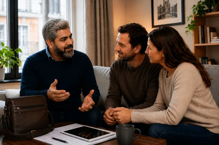Milad Mollaey Tabriz, certificateur PEB agréé, en rendez-vous avec un couple de propriétaires à Bruxelles