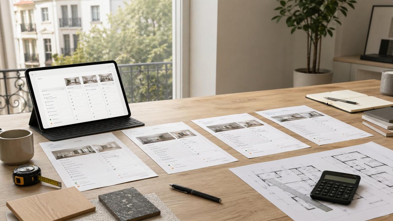 Plusieurs devis de renovation imprimes et tablette comparant les offres, comparateur de devis renovation energetique