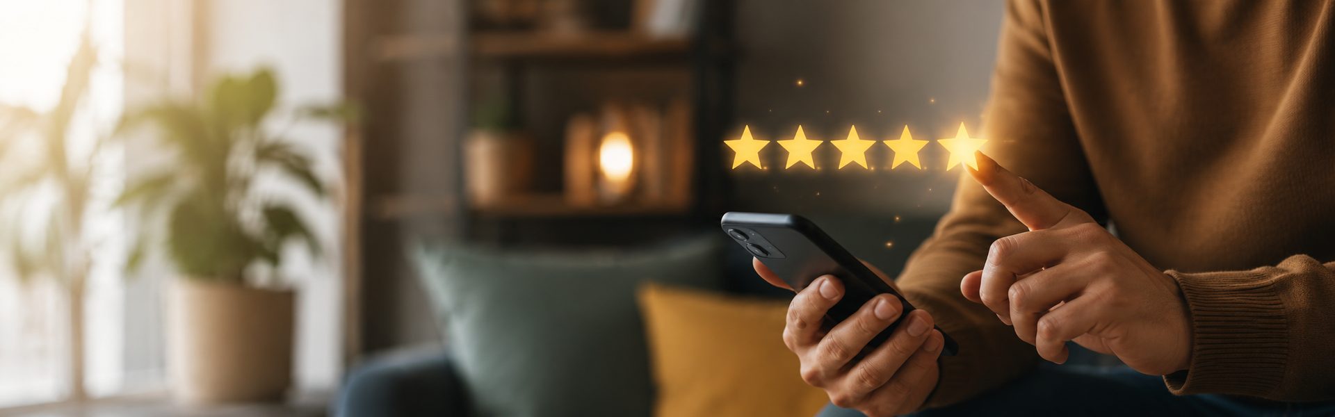 Une main tapote cinq étoiles dorées sur un smartphone dans un salon, avis clients de PEBify