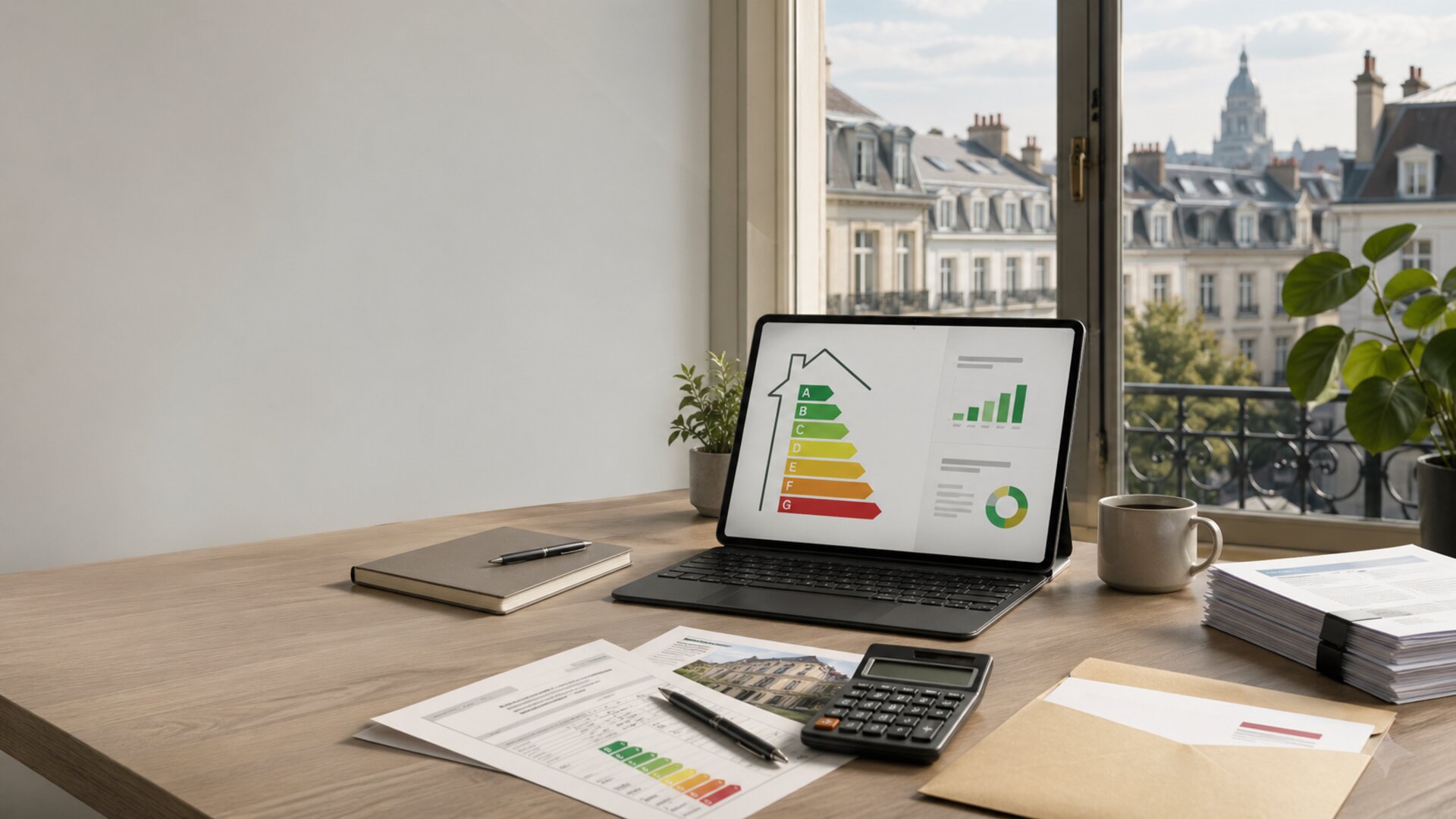 Bureau avec ordinateur portable affichant l'echelle de classes PEB et calculatrice, simulateur d'amendes PEB