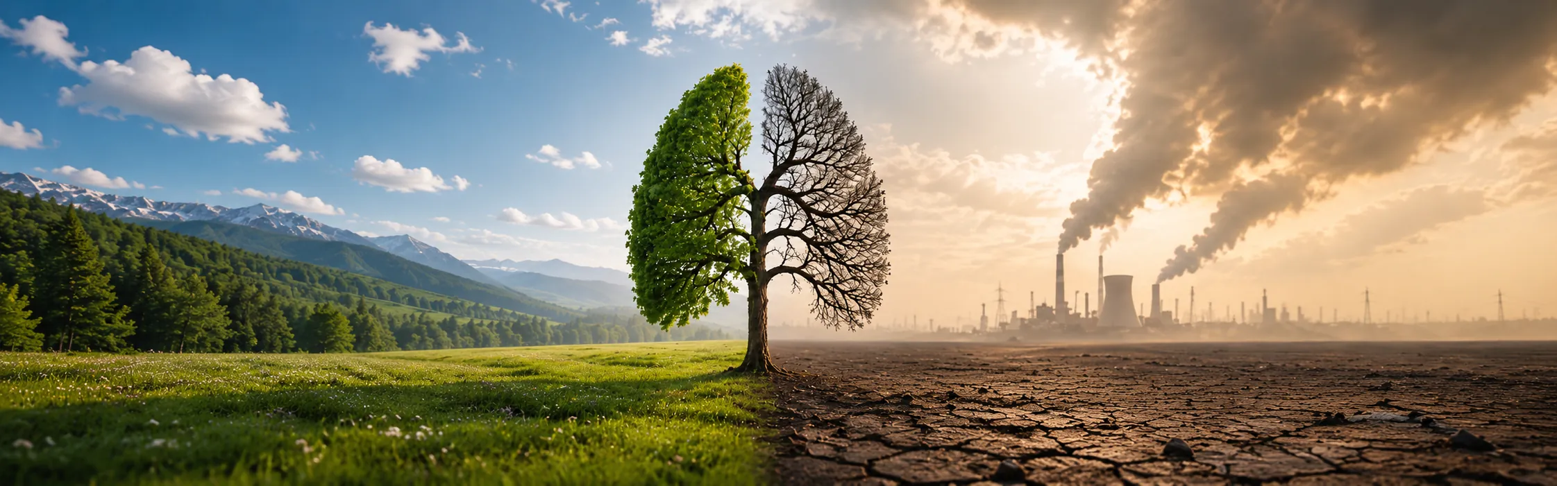Arbre coupé en deux : une moitié verdoyante et vivante, l'autre aride face à un paysage industriel pollué, l'empreinte carbone du web
