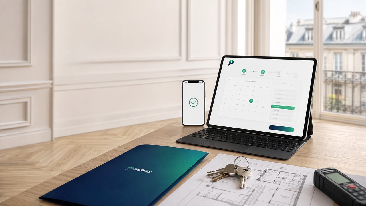 Réservation en ligne d'un rendez-vous PEB à Bruxelles, tablette avec l'agenda PEBify, smartphone affichant la confirmation, pochette PEBify, clés et plans d'architecte sur un bureau en bois