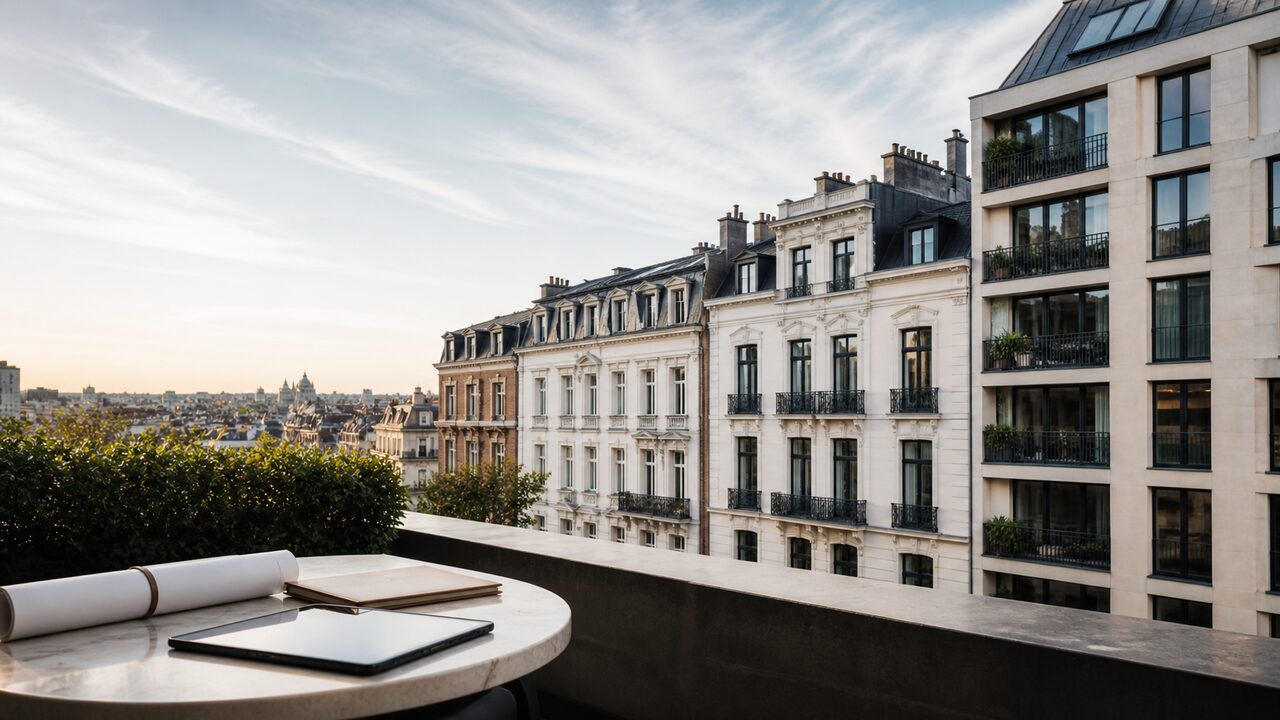 Vue depuis une terrasse bruxelloise, façades historiques et immeubles récents, table avec tablette et plans, ambiance investisseur immobilier